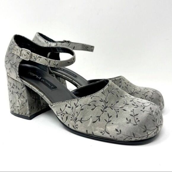 Prima Royale heels 90s Y2K gray floral pattern ankle strap round toe chunky 9.5M - Picture 7 of 7
